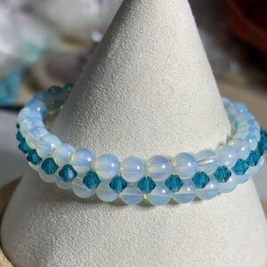 Hand Crafted Bracelet Blue Crystals and White Opalite Beads 7.5 inches